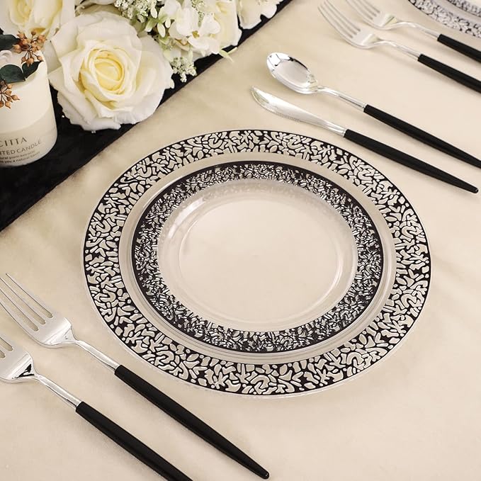 U-QE 100pcs Clear and Black Plastic Plates - Black Plates Disposable for Party - Disposable Plates for Premium Party Supplies Including 50 Dinner Plate 10.25 '' &50 Dessert 7.5 '' Plate