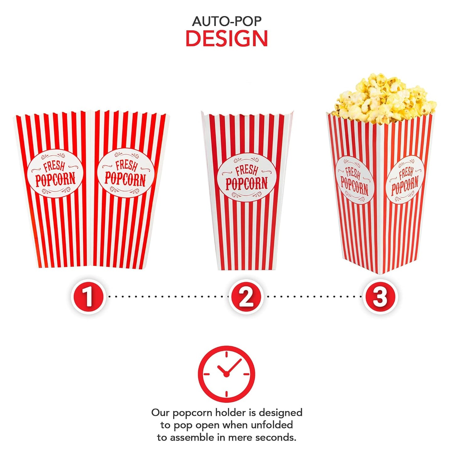 [50 Pack] Movie Theater Popcorn Boxes Disposable Red & White Striped - 46 oz Capacity - Vintage Snack Box Concession and Carnival Party Supplies, Individual Popcorn Bucket Containers