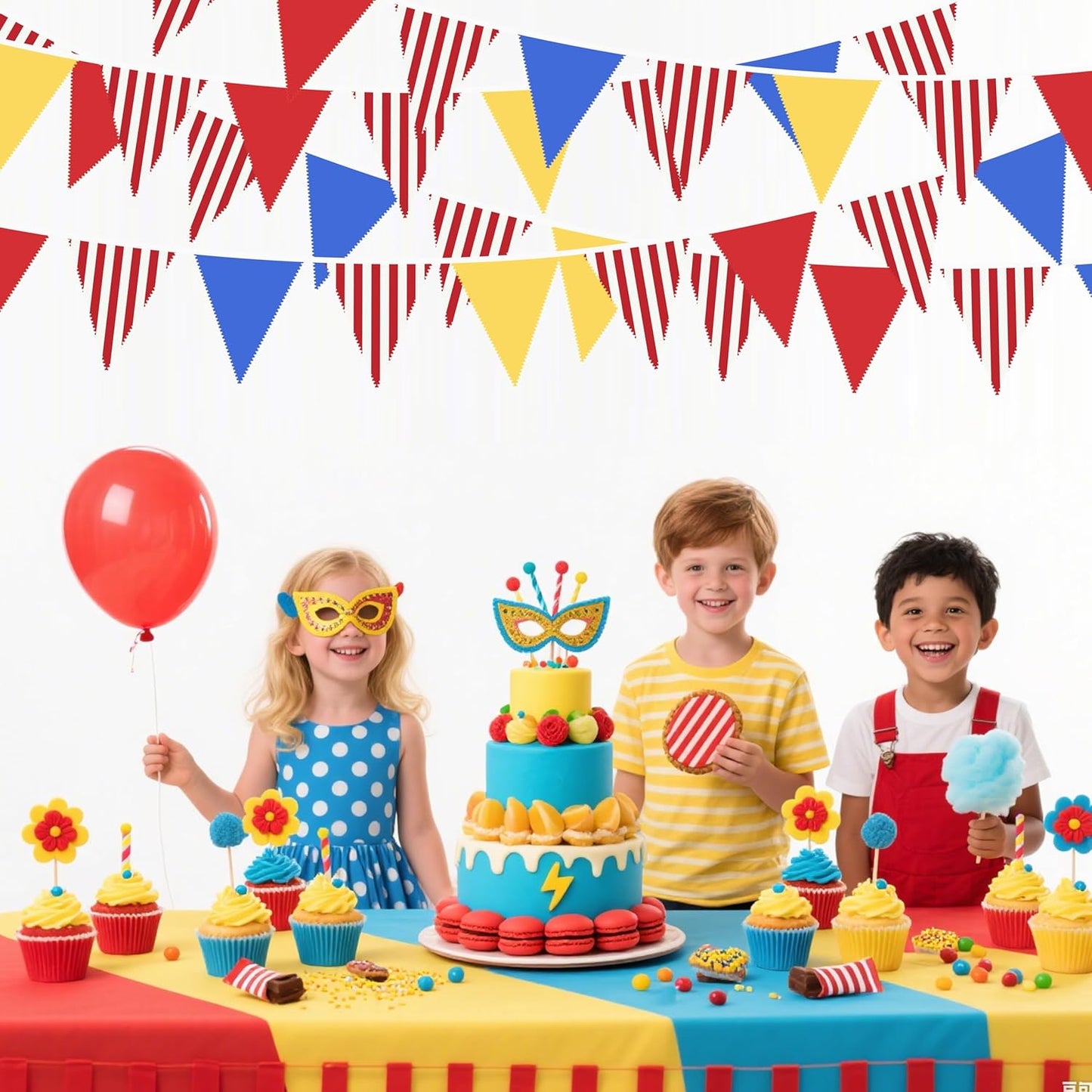 32Ft Red Blue Yellow Carnival Party Decorations Red Striped Carnival Circus Clown Triangle Flag Pennant Bunting Banner Fabric Garland Streamers for Kids Birthday Baby Shower Outdoor Decor Supplies