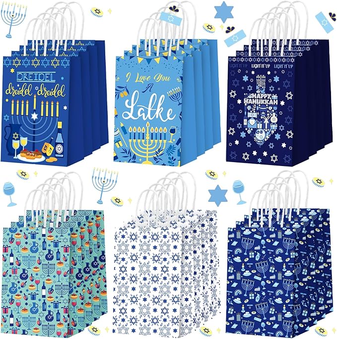 Outus 24 Pcs Hanukkah Party Favor Bags Chanukah Gift Goodie Paper Bags with Handles Blue Star of David Dreidel Candy Treat Pouch for Happy Hanukkah Party Decorations Supplies