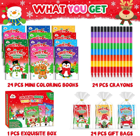 ZMLM 24 Coloring Books for Kids Party Favors: Bulk 24 Crayons Mini Coloring Books for Kids Ages 4-8 Birthday Goodie Bags Stuffers Toddlers Return Gifts Classroom Prizes Teacher Crafts (Christmas)