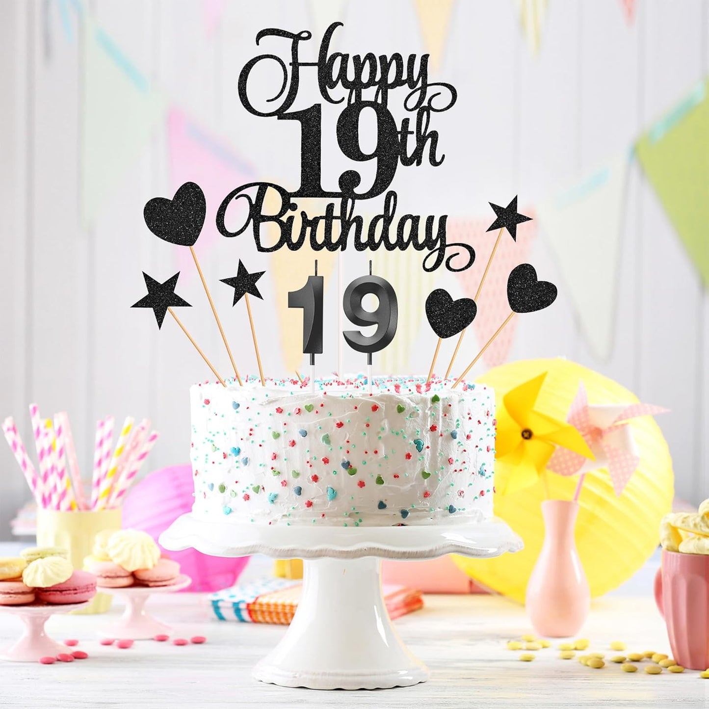 19th Birthday Cake Decorations, 19th Birthday Candles Cake Numeral Candles and Glitter Happy 19th Birthday Cake Toppers Set for Birthday Party Supplies (Black)
