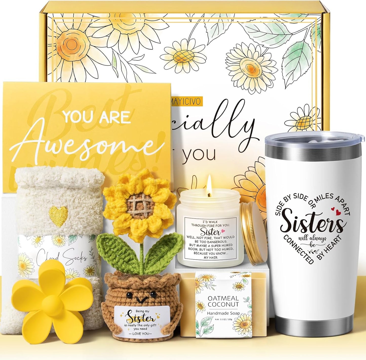Best Sisters Gifts from Sister, Christmas Gifts for Sisters Birthday Gift Set from Brother, Funny Sister-in-Law Soul Sister Mothers Day Sunflower Gift Basket for Women Best Friends Sis w/ 20Oz Tumbler
