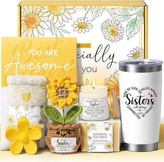 Best Sisters Gifts from Sister, Christmas Gifts for Sisters Birthday Gift Set from Brother, Funny Sister-in-Law Soul Sister Mothers Day Sunflower Gift Basket for Women Best Friends Sis w/ 20Oz Tumbler
