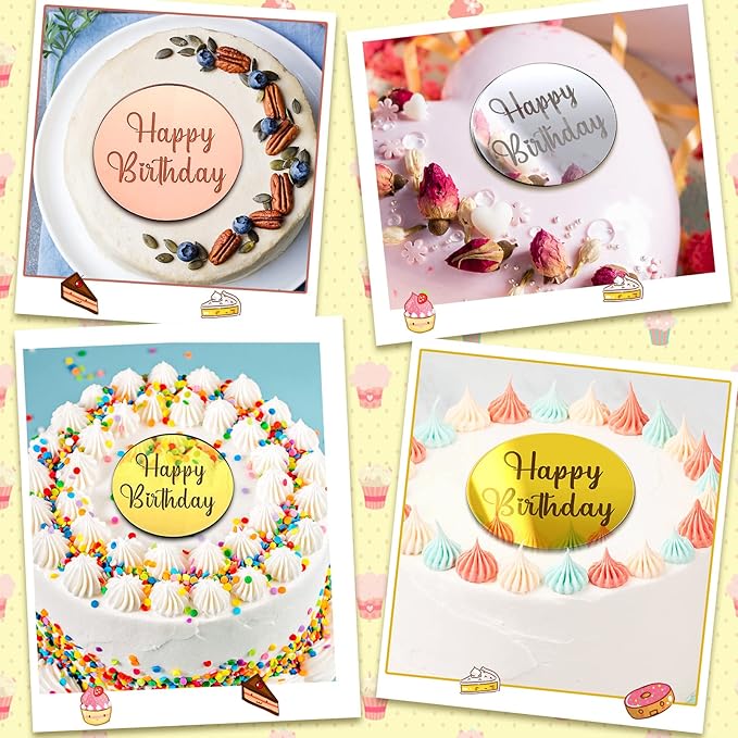 Qunclay 30 Pcs Happy Birthday Acrylic Cake Toppers, Mirror Acrylic Cupcake Toppers, 3 Multi-shape & Gold Rose Gold Silver Cupcake Picks for Birthday Party Pastries Decor DIY Supplies(Round)