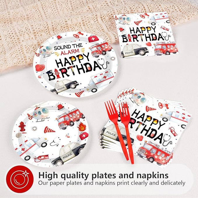 Grencian 96pcs Emergency Vehicle Birthday Party Decorations Fire Truck Plates and Napkins Ambulance Tableware Police Car Dinnerware for Kids Boys Girls Emergency Vehicle Birthday Party Decorations
