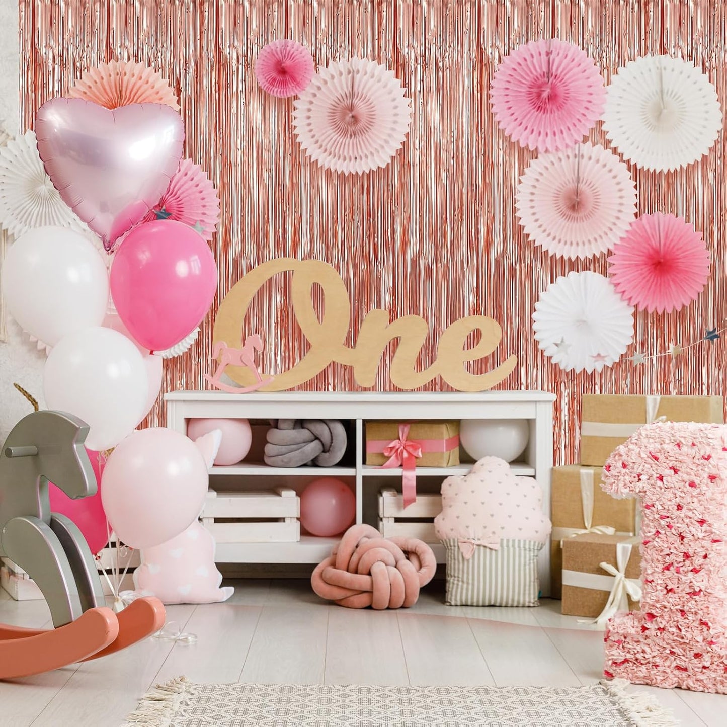 Crosize 5 Pack 3.3 x 9.9 ft Rose Gold Foil Fringe Curtains Party Decorations, Rose Gold Tinsel Curtain Backdrop for Parties, Door Streamers, Glitter Streamer Backdrop for Birthday Decoration