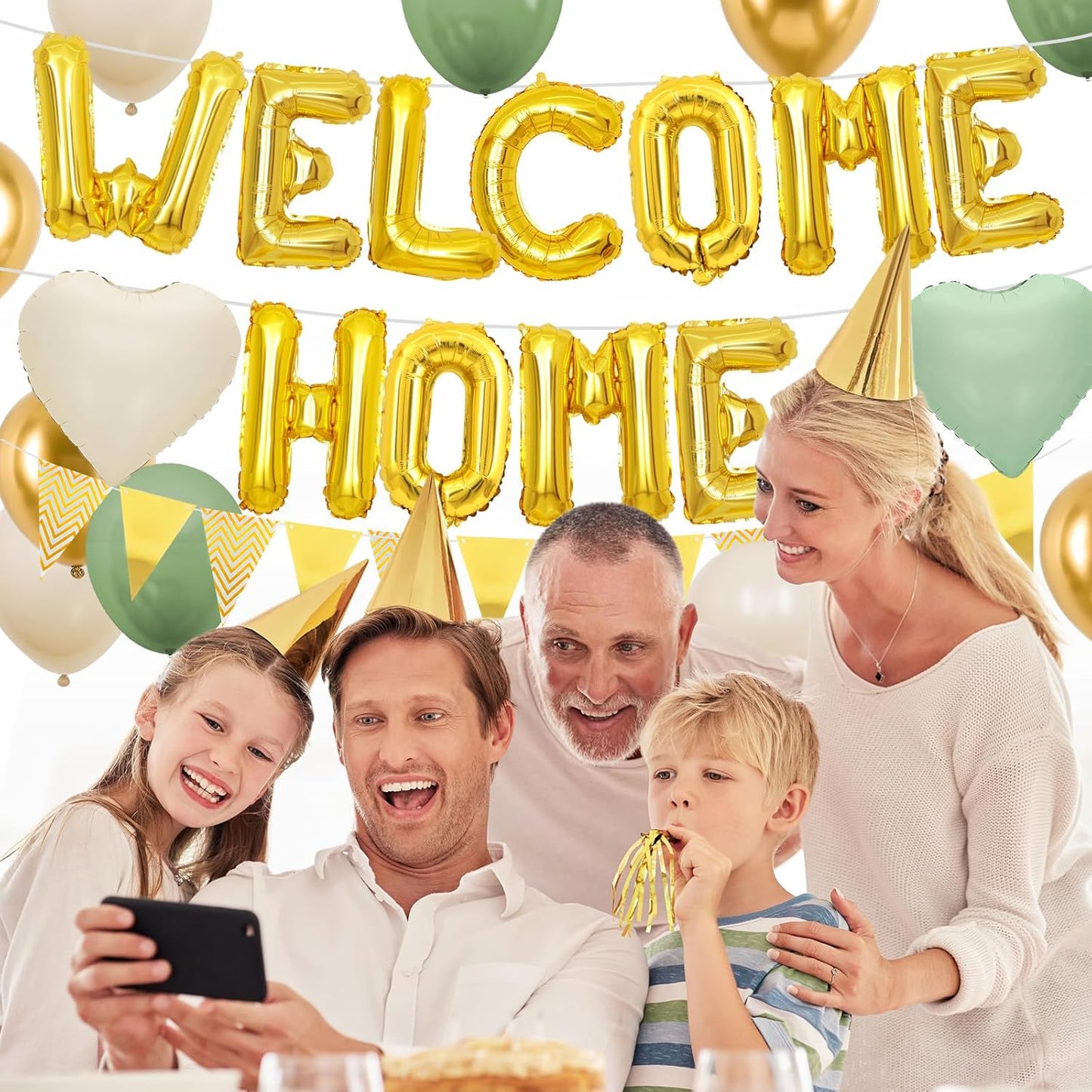 Welcome Home Decorations Green Gold,Gold Welcome Home Foil Balloon Banner with Sage Green White Heart Balloons Pennant Flag Bunting for Housewarming Baby Shower Home Family Party Supplies