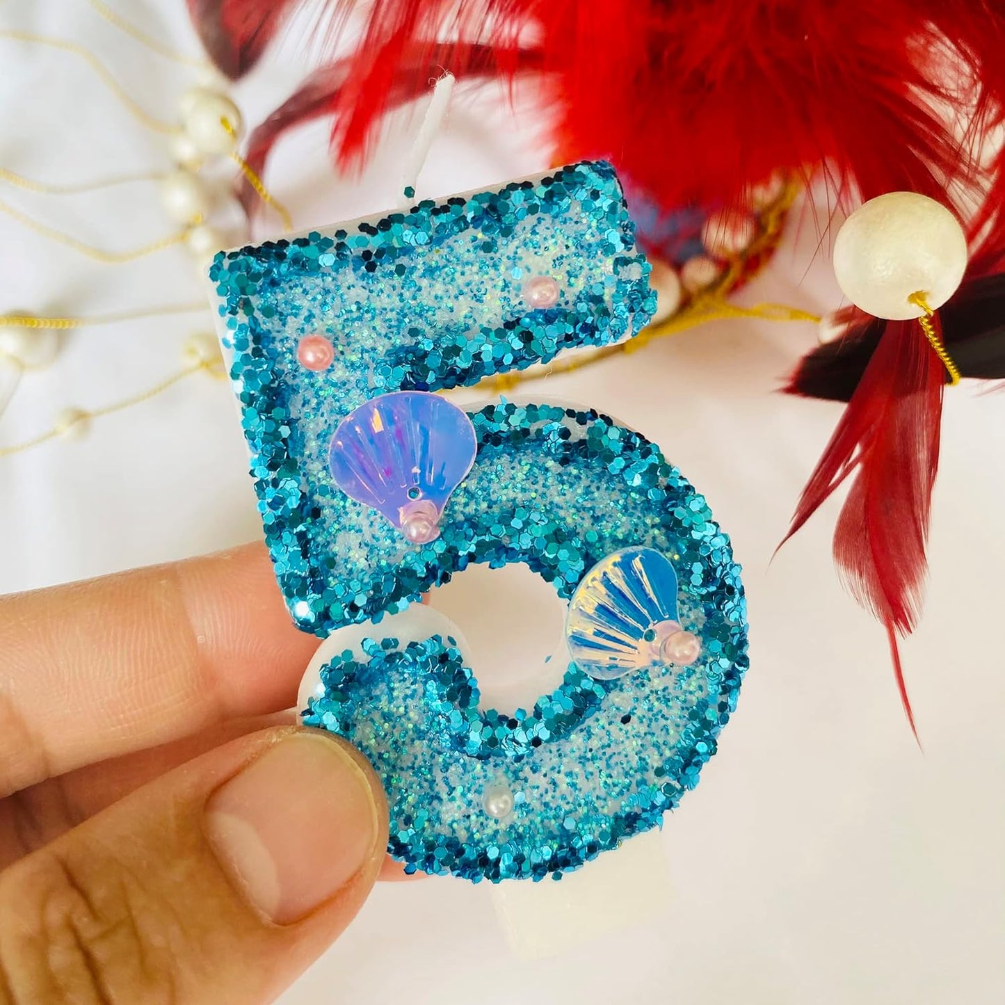 Blue Number Candle,Shell Sequins Number Candles for Birthday Cakes Mermaid Themed Party Supplies Number 5 Candle