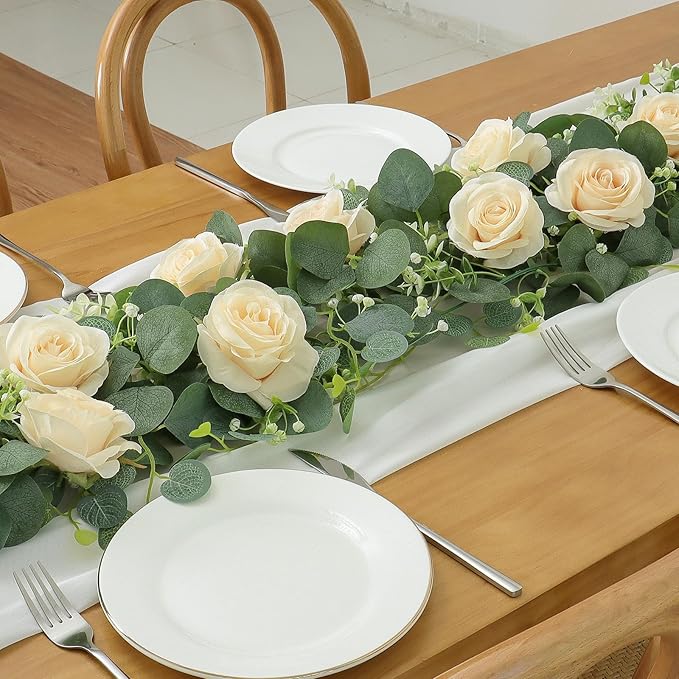 TOCHGREEN 4Pcs(26 Ft) Artificial Eucalyptus Flower Garland with Champagne Rose Flowers,Faux Rose Vine Gypsophila,Floral Greenery for Party Wedding Table Decor (Champagne, 4PCS)