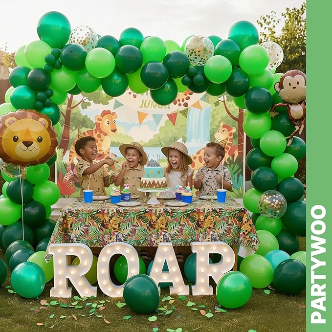 PartyWoo Green Balloons 65pcs 12 Inch Light Lime Dark Emerald Hunter Forest Metallic Green Gold Confetti Balloons for Baby Shower Wedding Engagement Jungle Woodland Birthday Party Decorations