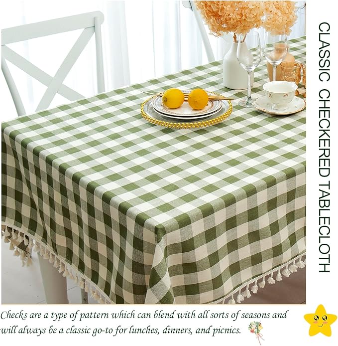Checkered Tablecloth Rectangle, Heavy Weight Cotton Gingham Table Cloth Plaid Table Cover for Spring Summer Picnic Kitchen Dinner Restaurant Outdoor Party（55x84”,Green