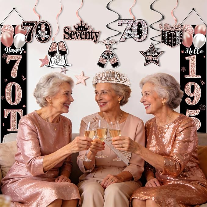 70th Birthday Decorations for Women, 38-Piece Black and Rose Gold 70 Years Old Party Supplies with Backdrop, Honeycomb Centerpieces, Banner, Hanging Swirls, Porch Banner, Balloons, Sash, Crown