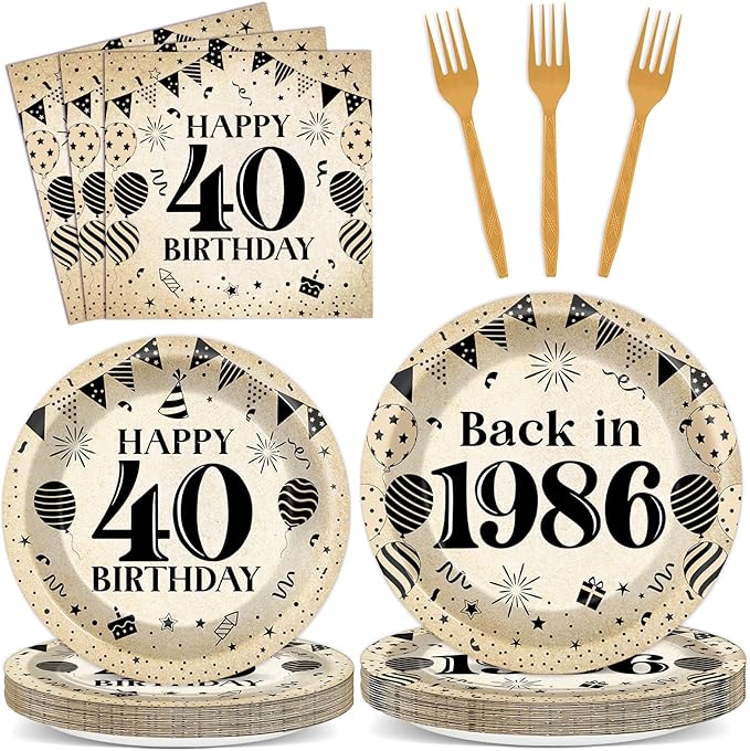 96Pcs 40th Birthday Party Paper Plates and Napkins for Back in 1986 Themed Party Supplies Vintage 40 Year Old Dessert Plates 40th Tableware for Men Women Birthday Gatherings Decorations