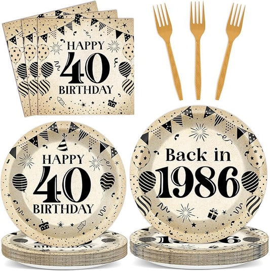 96Pcs 40th Birthday Party Paper Plates and Napkins for Back in 1986 Themed Party Supplies Vintage 40 Year Old Dessert Plates 40th Tableware for Men Women Birthday Gatherings Decorations