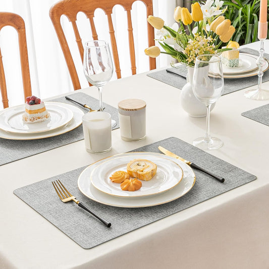 Romanstile Vinyl Placemats Set of 12-12 X 18 Inch - Heat Resistant Place Mats 100% Waterproof Oilproof Wipeable Reversible Faux Leather Table Mats for Kitchen/Dining/Party/Outdoor, Light Grey