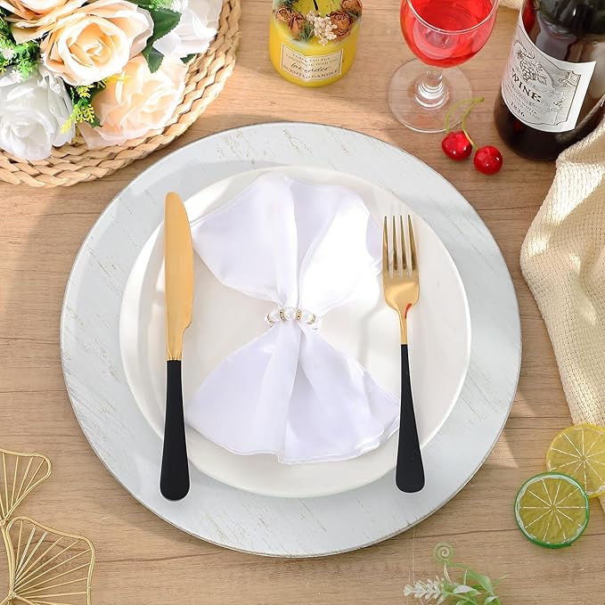 Tanlade 12 Pcs Charger Plates Bulk 13 Inch Plastic Vintage Wedding Chargers Floral Decorative Plates with Metallic Ruffled Rim for Wedding Party, Holiday Event Supplies(White)