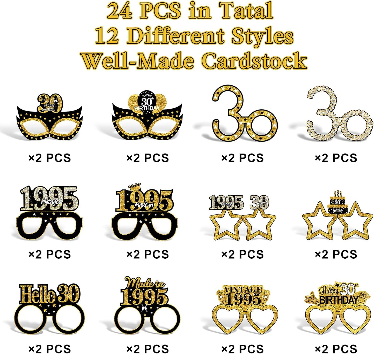 24Pcs 1995 30th Birthday Paper Glasses Decorations for Men Women - Black Gold Happy 30th Birthday Paper Eyeglasses Photo Props, Vintage 1995 Thirty Years Old Birthday Party Supplies