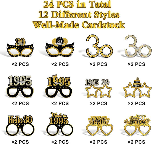 24Pcs 1995 30th Birthday Paper Glasses Decorations for Men Women - Black Gold Happy 30th Birthday Paper Eyeglasses Photo Props, Vintage 1995 Thirty Years Old Birthday Party Supplies