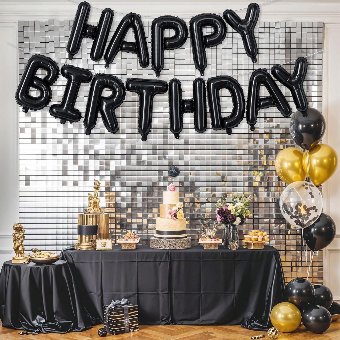 16 Inch Happy Birthday Banner Balloon - Black Letters Foil Balloons With Ribbon, Self Inflating Letter Balloon Bunting for Men Women Birthday Party Decorations Supplies