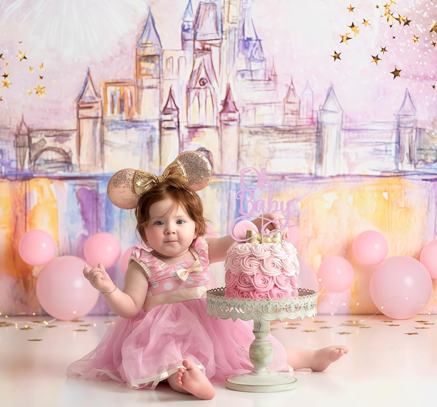 Oh Baby Cake Topper - Pink Glitter Baby Birthday Party Cake Decoration Supplies, for Baby Shower/Gender Reveal Party Photo Booth Props
