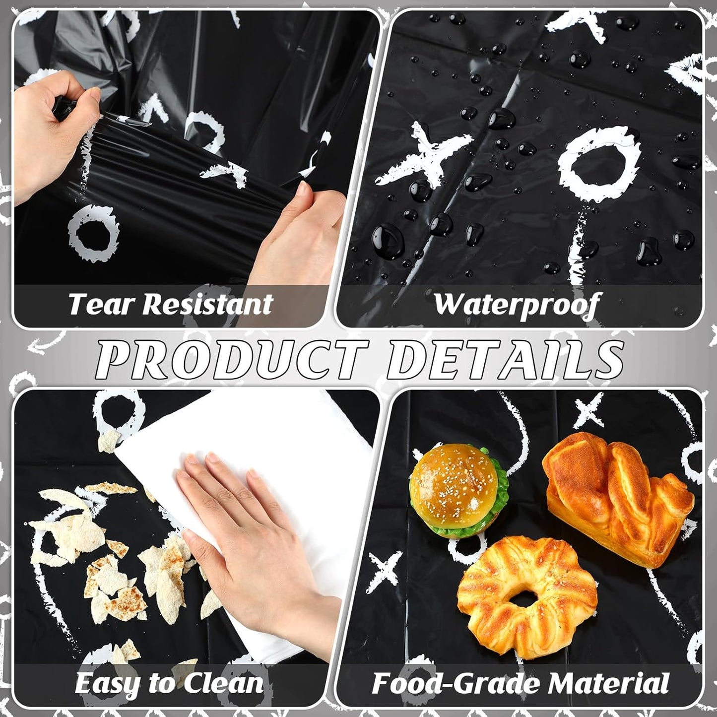 4 Pack Football Tablecloths, Football Themed Tablecloths Party Favor Supplies, Disposable Plastic Rectangle Table Covers for Sports Birthday Party Decoration, 108 x 54 Inch(Black)