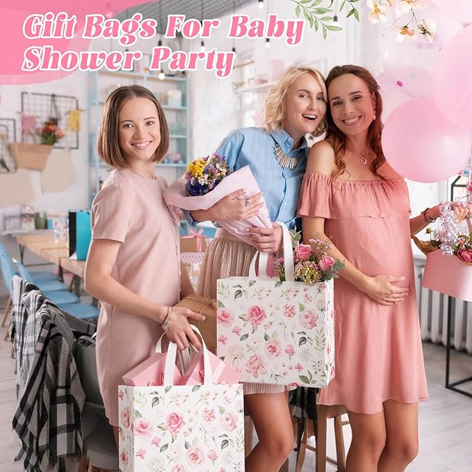 Abbylike 30 Pack Pink Floral Theme Reusable Gift Bag Bulk Large Flower Print Shopping Bag Tote Non Woven Tote for Wedding Birthday Baby Shower Family Holiday Travel, 12.2 x 11.02 x 4.72 Inches