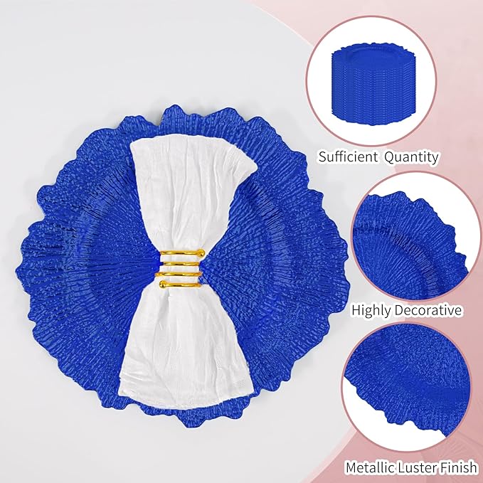 50 Pcs Royal Blue Charger Plates Bulk 13 Inch Plastic Charger Plates for Dinner Plate, Royal Blue Chargers for Table Setting, Reef Design Plate Floral Decorative Round Chargers for Wedding Party Event