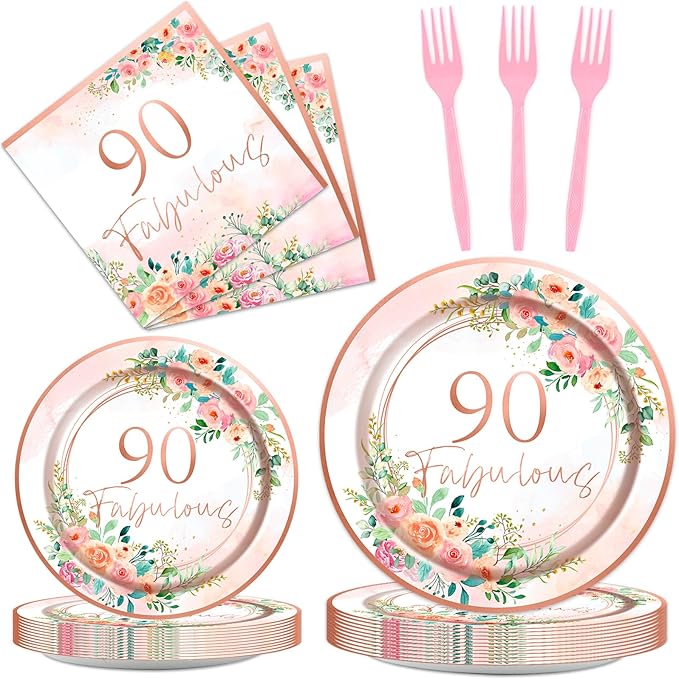 OBUSATT 96Pcs Floral 90 Fabulous Party Supplies 90th Birthday Paper Plates Napkins Rose Gold Party Decorations 90 Years Dinnerware Party Favor Women 90th Tableware Serves 24
