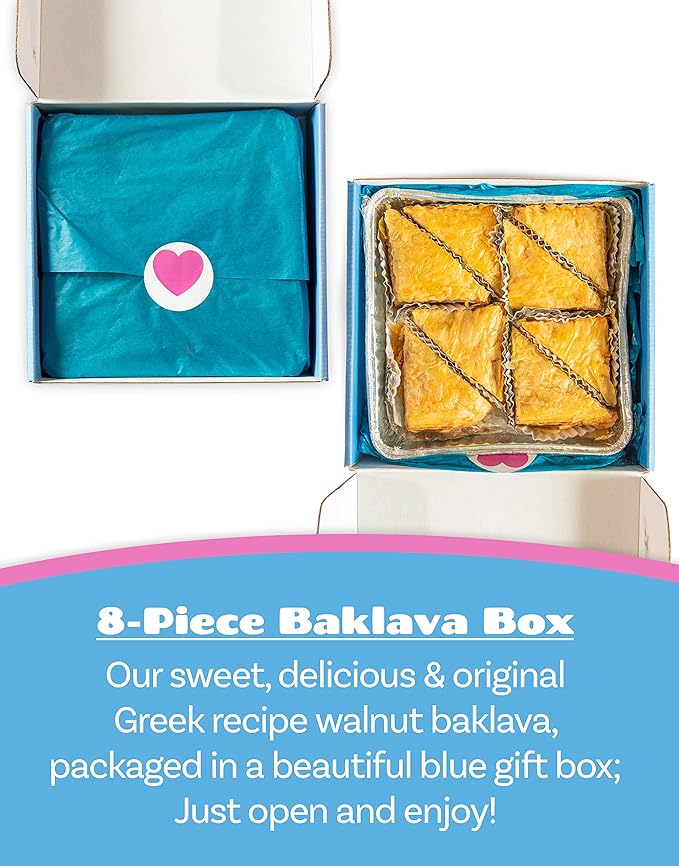 Bakluva 8-Piece Baklava Pastry Dessert Gift Box - (8) Large 2.3 oz (66 gram) Pieces - Perfect for Gifts, Parties, and More