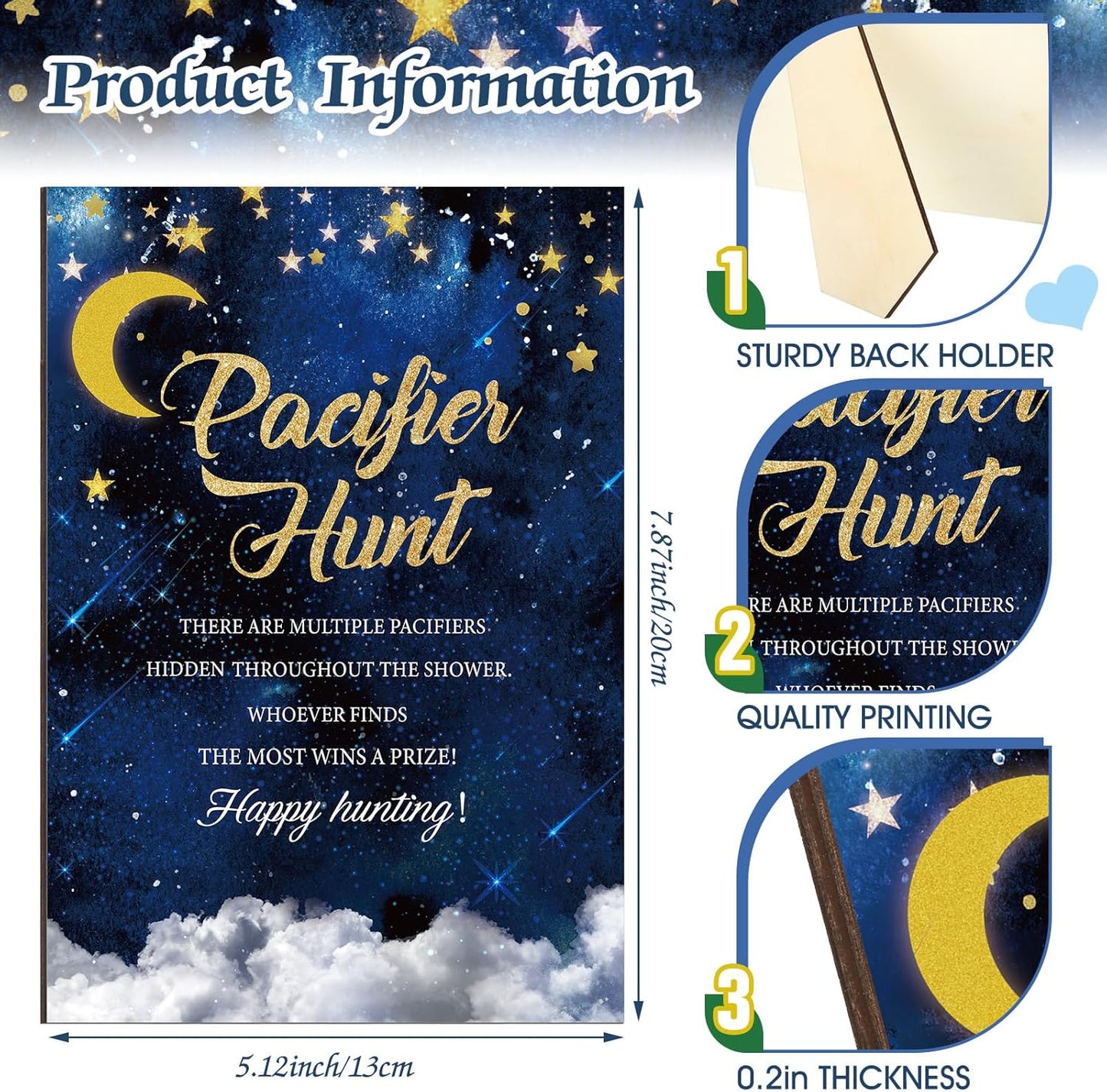 Thyle 51 Pcs Pacifier Hunt Baby Shower Games Include Hunt Sign and 50 Acrylic Pacifiers for Baby Shower Game Decoration Gift Sets Gender Reveal Party Decor(over the Moon)