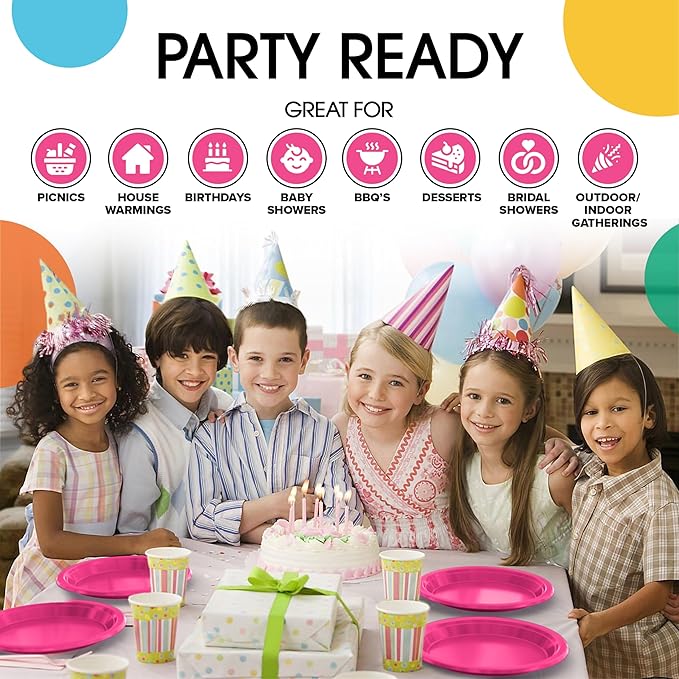 Party Solids Hot Pink Plastic Plates For Party Supplies, Hot Pink Disposable Plates 100 Pieces - 50-7" & 50-9" Heavy Duty 350 GSM Disposable Dinnerware Sets, Plastic Dinnerware Sets