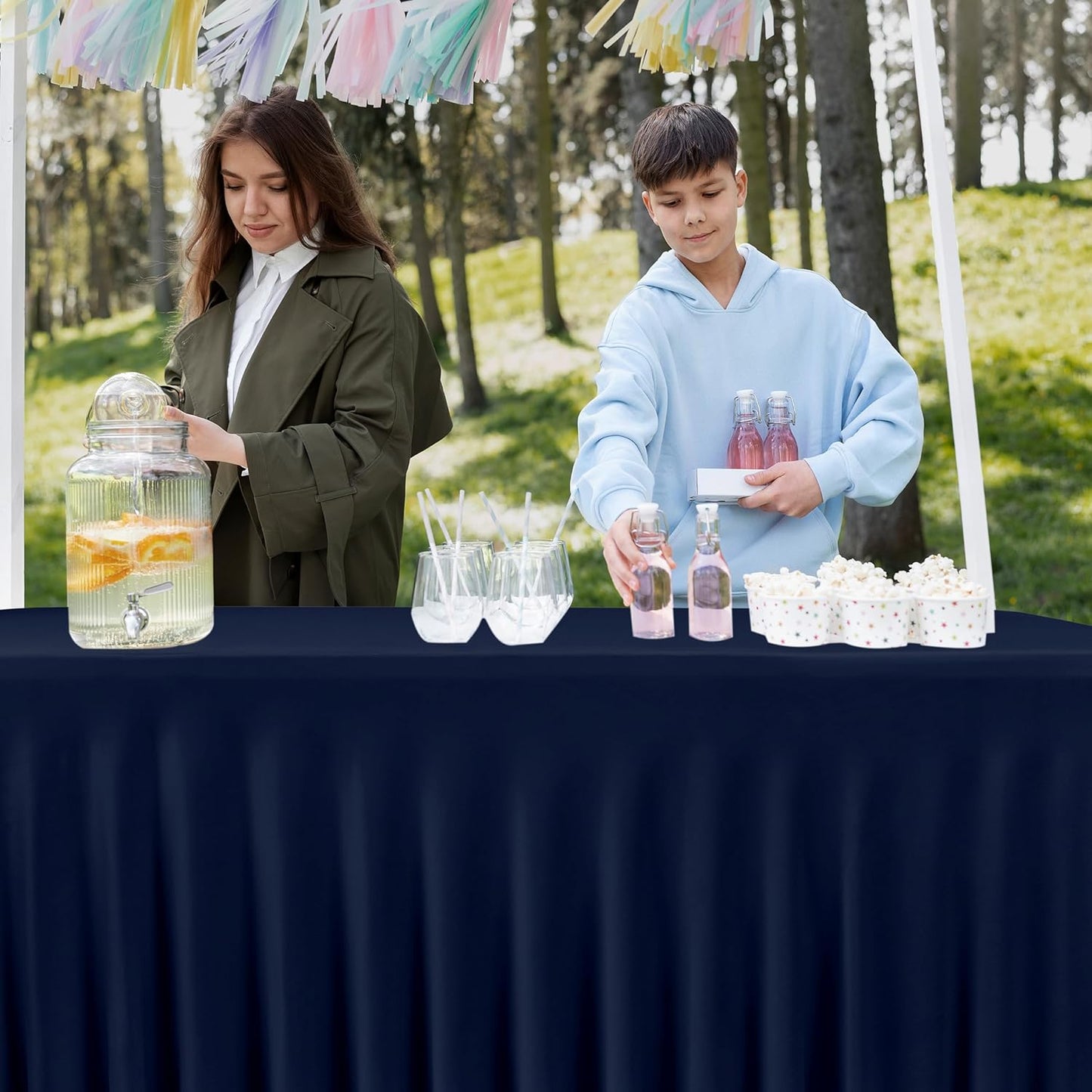 HolidayIdeas Spandex Table Skirts for Rectangle Tables 4 Ft, Fitted Stretch Table Cover 24x48 Inch, Wrinkle-Free Ruffle Design Tablecloths for Banquets,Trade Shows, Parties, Events, 4 Pack, Navy