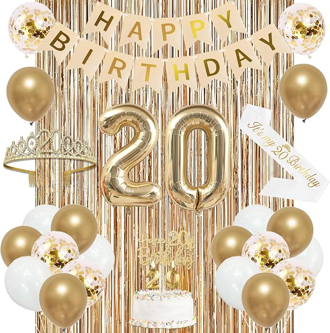 Trgowaul Happy 20th Birthday Decorations for Girls, Banner, Sash and Crown, Cake Topper, 20 Number Balloon, Fringe Curtains, Champagne Gold 20th Birthday Party Supplies