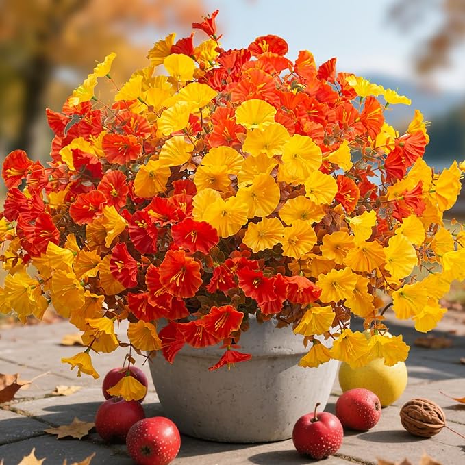 Artificial Flowers Outdoor Fall Decor - 12 Pcs UV Resistant Fade Proof Fake Plants for Garden Porch, Thanksgiving Autumn Decorations, Waterproof for All Weather