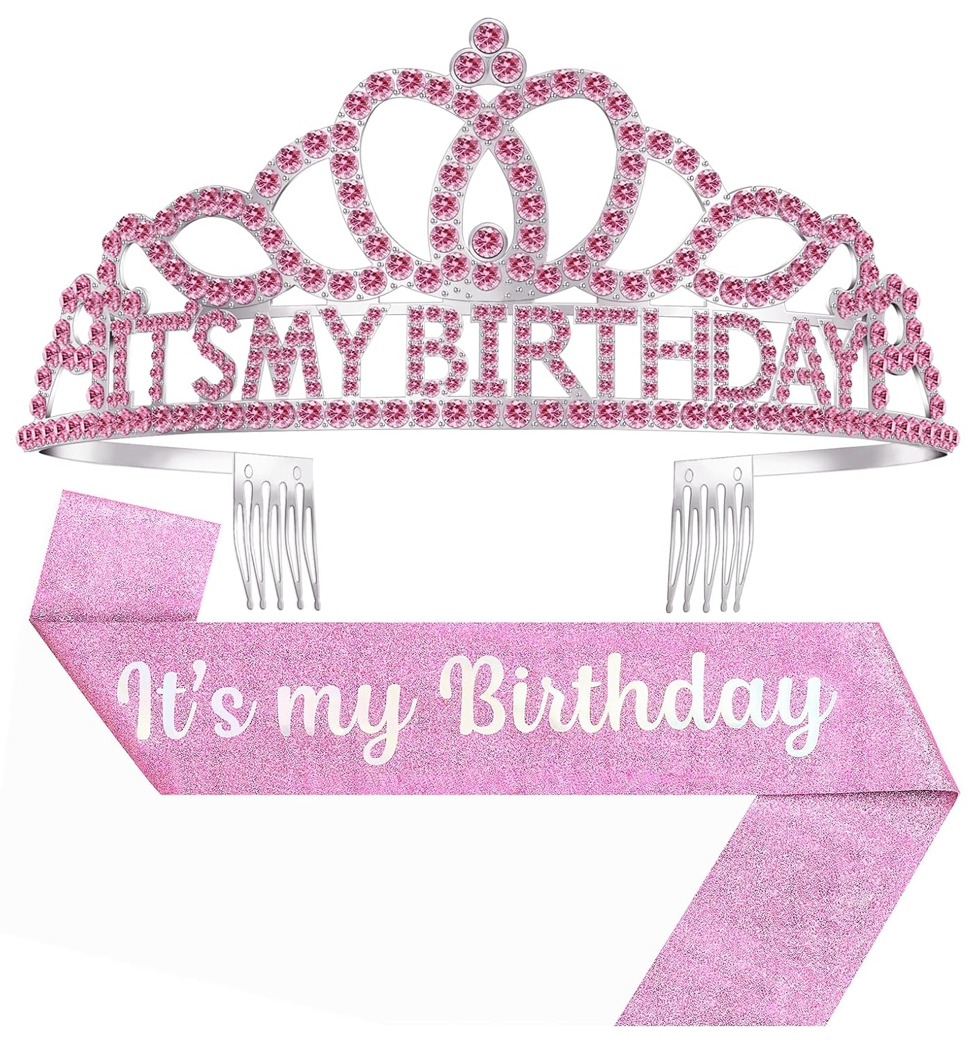 Birthday Tiara and Crown with Sash, Birthday Tiara for Women Party Pink