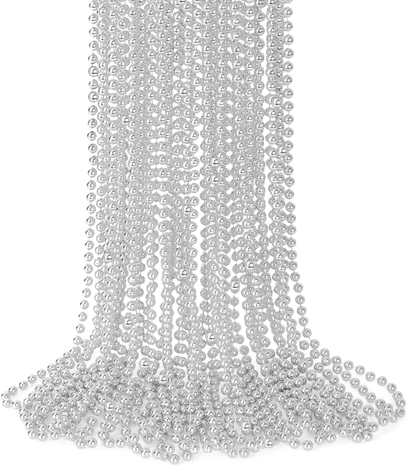 15PCS Bead Necklace, Silver Christmas Bead Stuff Party Favors, 33" Mardi Gras Xmas Silver Beaded Necklace Bulk, Festival Events Parade Throw Accessories for Wedding Birthday Celebrations Decorations