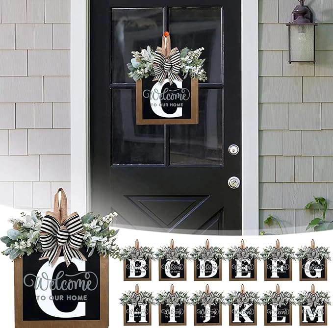 Last Name Year Round Front Door Wreath Front Porch Decoration 26 Letter Welcome Sign with Eucalyptus Garland and Bow Spring Wreaths for Front Door Outside Hanger Garland（C）