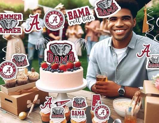 University of Alabama Party Supplies for Bama Football, Roll Tide Birthday Gift, UA Graduation Party Banner and Cake Toppers Roll Tide (42 Pieces) (Alabama Crimson Tide)