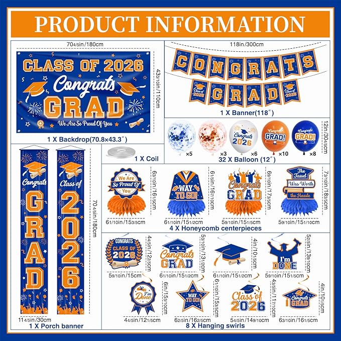 Graduation Decorations Class of 2026 Blue and Orange Graduation Party Decor Set include Congrats Grad Banner Backdrop Class of 2026 Balloons Party Supplies