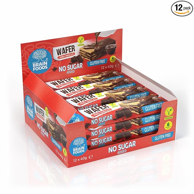 BRAIN FOODS Gluten Free Vegan Double Chocolate Wafers - 12 Bars, No Sugar Added, High Fiber, No Palm Oil, 1.4 oz, 170 Calories, Guilt Free Snack, Natural Chocolate Flavor