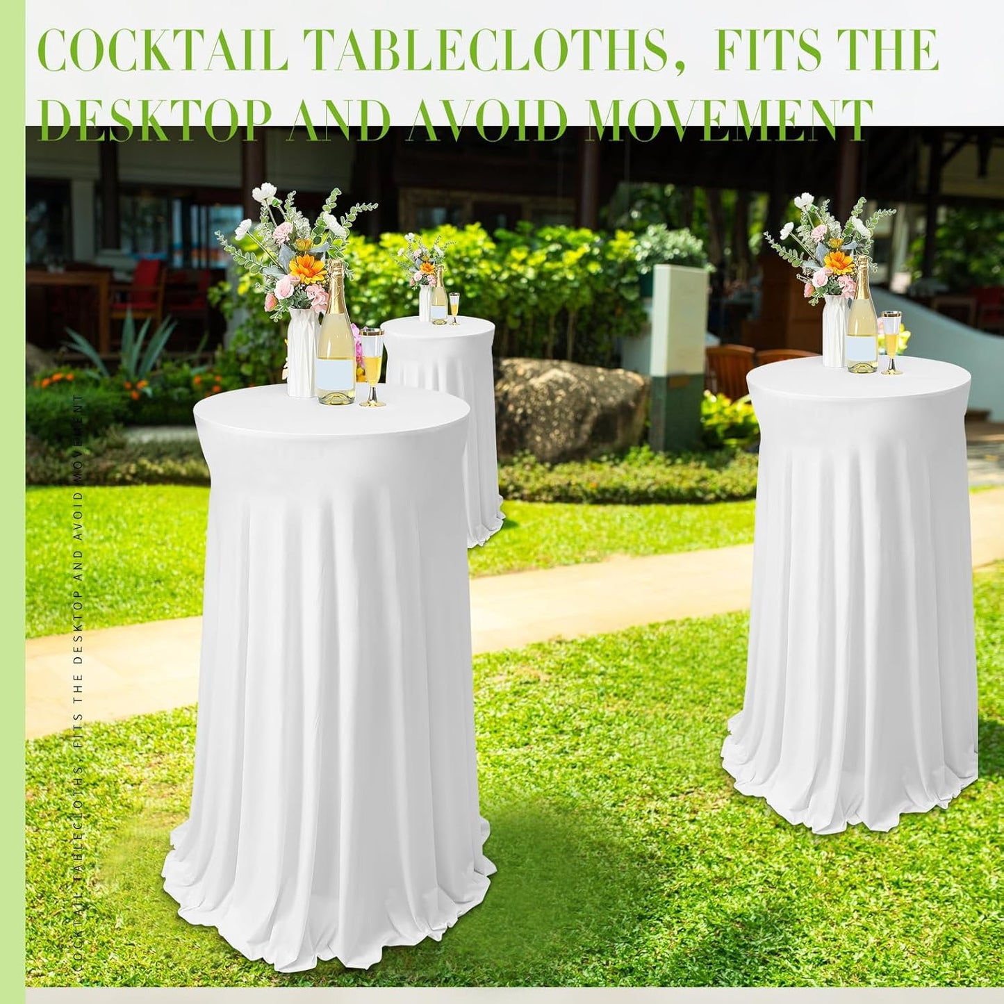 Tegeme 3 Packs 32 x 43 Inch Round Spandex Cocktail Tablecloths with Skirt Cocktail Round Table Cover Spandex Stretch Tablecloth for Fitted High Top Table Bar Wedding Party Banquet (White)