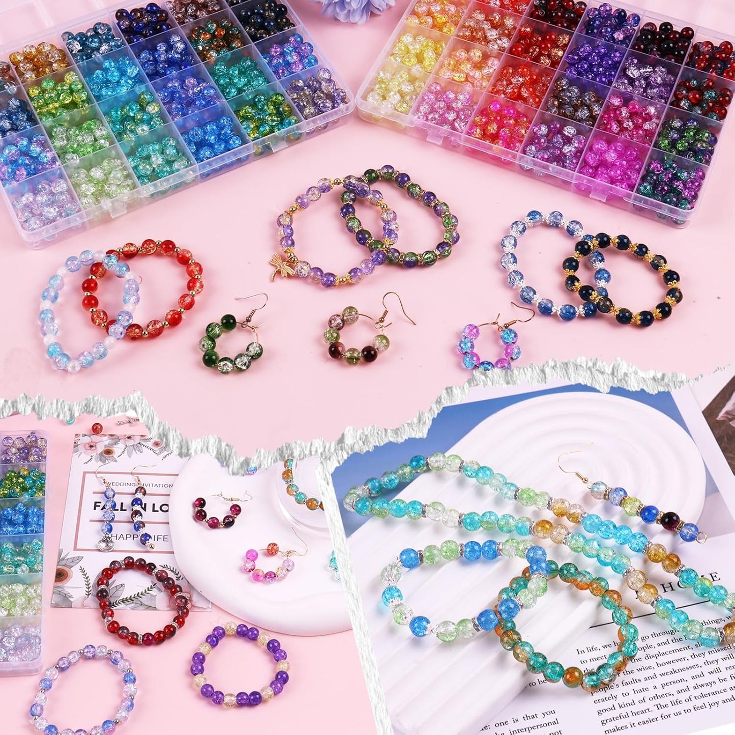 2600 PCS 6mm Crackle Glass Beads for Jewelry Making, 48 Colors Crystal Beads Bracelet Making Kit, Round Beads for Bracelets, Friendship Bracelet kit for DIY Crafts Gifts, 2 Box (Crackle Colors)