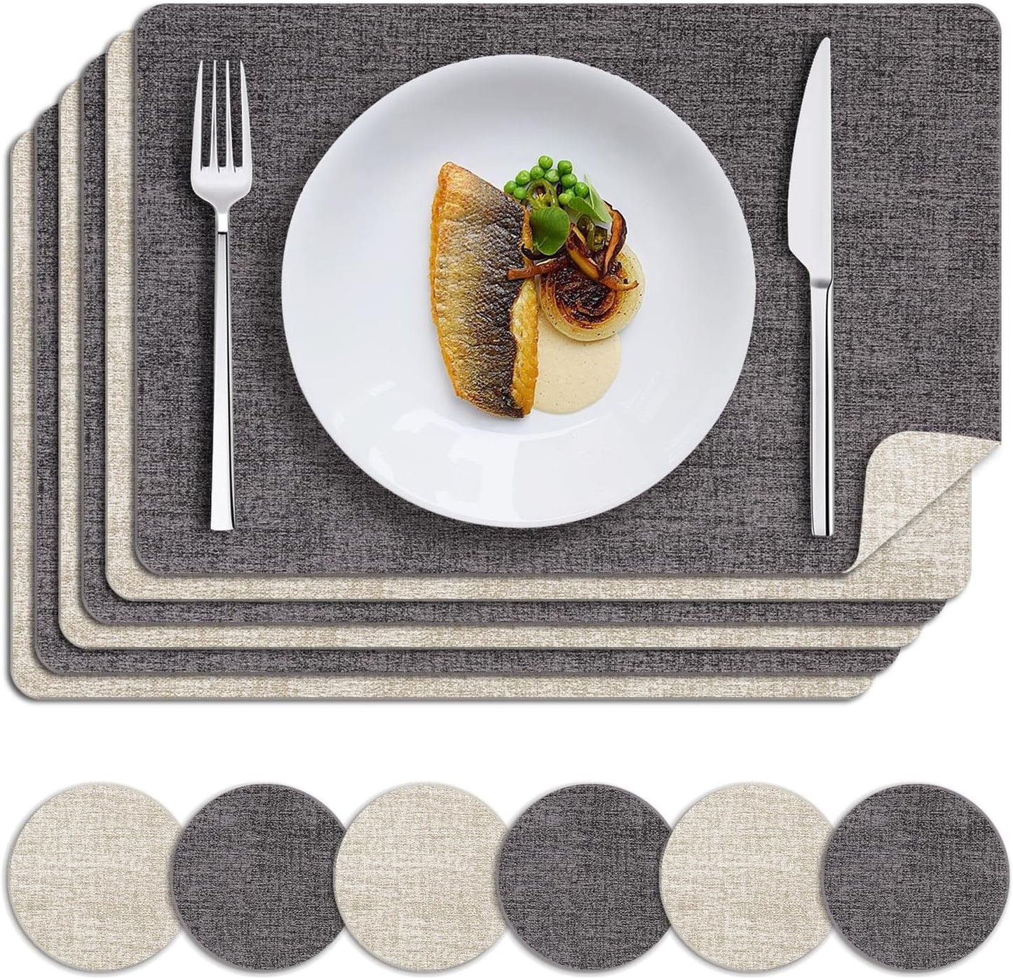 MOSAYT Faux Leather Placemats Set of 6, Heat Resistant Wipeable Washable Vinyl Place Mats with Coasters, Waterproof Oil Proof Table Mats for Kitchen Dining Party Outdoor, 12" x 18", Grey Beige