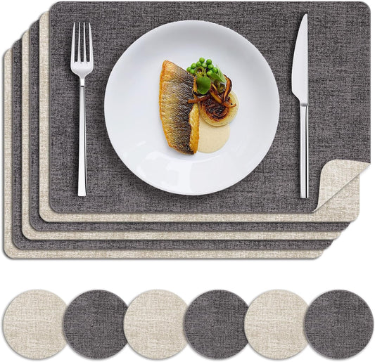 MOSAYT Faux Leather Placemats Set of 6, Heat Resistant Wipeable Washable Vinyl Place Mats with Coasters, Waterproof Oil Proof Table Mats for Kitchen Dining Party Outdoor, 12" x 18", Grey Beige