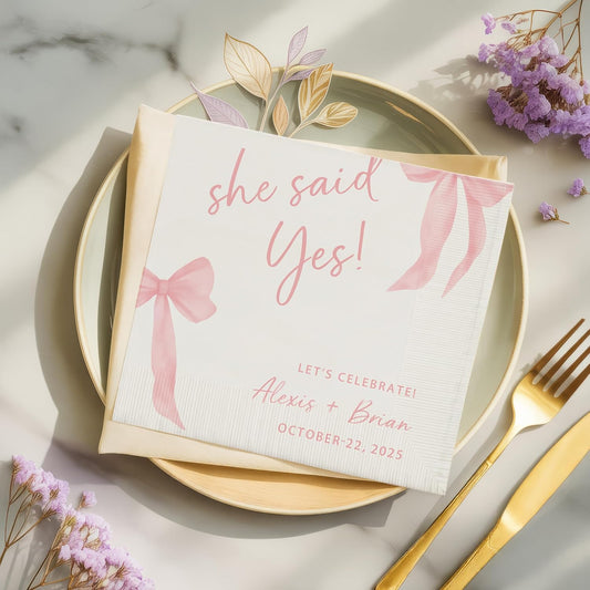 Personalized Engagement Napkins - She Said Yes Custom Cocktail Napkins for Party Decor