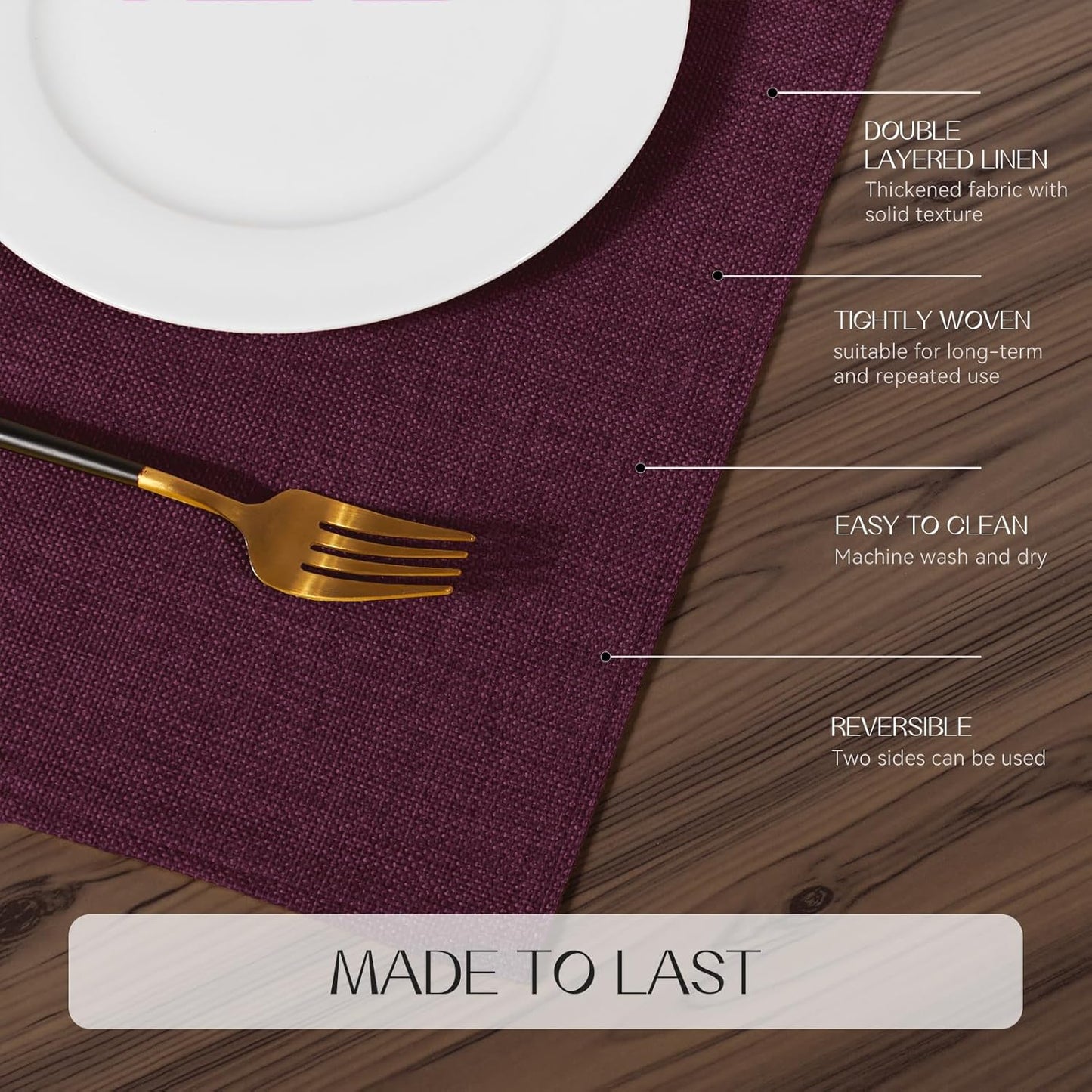 Romanstile Cloth Placemats Set of 4-12 x 18 Inch, Heat Resistant Double Layered Thickened Burlap Place Mats, Washable Linen Farmhouse Table Mats for Kitchen/Dining/Party/Outdoor, Purple