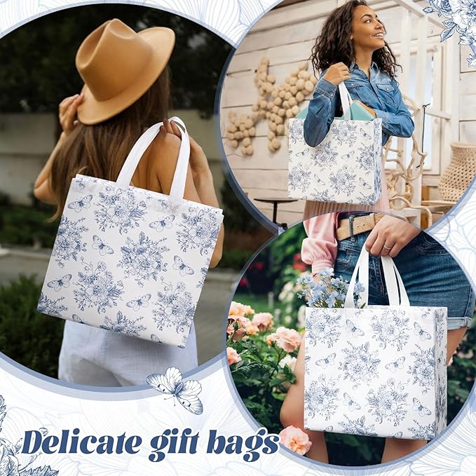 Abbylike 30 Pack Blue Floral Reusable Gift Bag Bulk Large Floral Print Shopping Bag Blue White Tote Non Woven Tote for Wedding Birthday Family Holiday Travel, 12.2 x 11.02 x 4.72 Inches