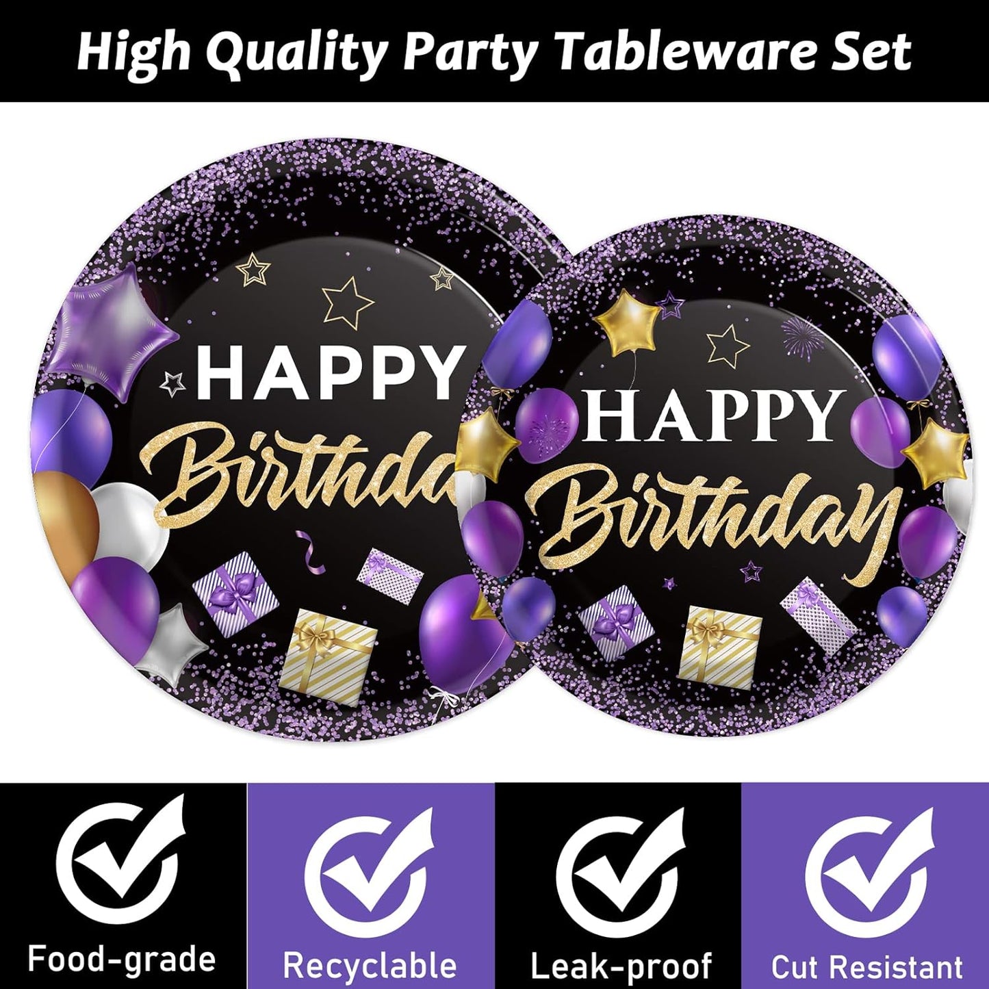 gisgfim 50 Guests Purple Birthday Plates and Napkins Purple and Black Happy Birthday Party Supplies Tableware Set Table Decorations for Women Girl Birthday Decoration Paper Plates Napkins Forks 200PCS