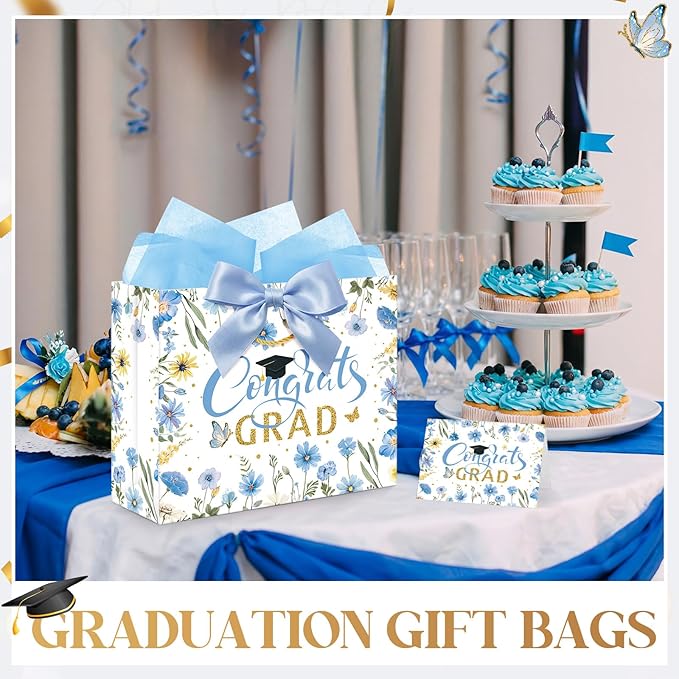 Maitys 12 Pack 13" Large 2026 Graduation Gift Bags Bulk with Handle, Tissue Paper, Card, Ribbon Blue Gold Class of 2026 Congrat Grad Wildflower Paper Wrapping Bag for College Graduation Party Supplies